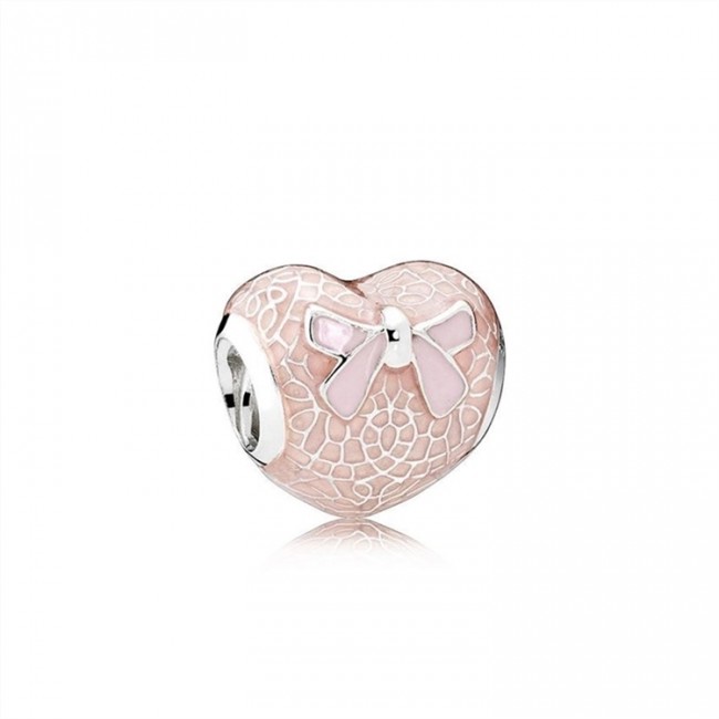 Pandora Pink Bow & Lace Heart Charm-Transparent Misty Rose & Soft Pink Enamel